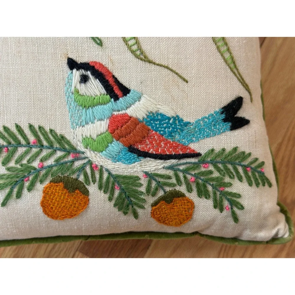 Set of 4 Vintage Crewel Embroidered Throw Pillows Birds Florals Cottagecore